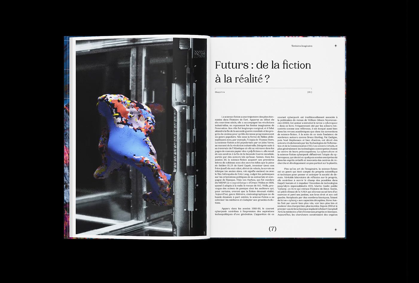 Open printed book: on the left page, a render of a blue and multicoloured organic form between metal structures; on the right, a chapter titled in French about fiction and reality.