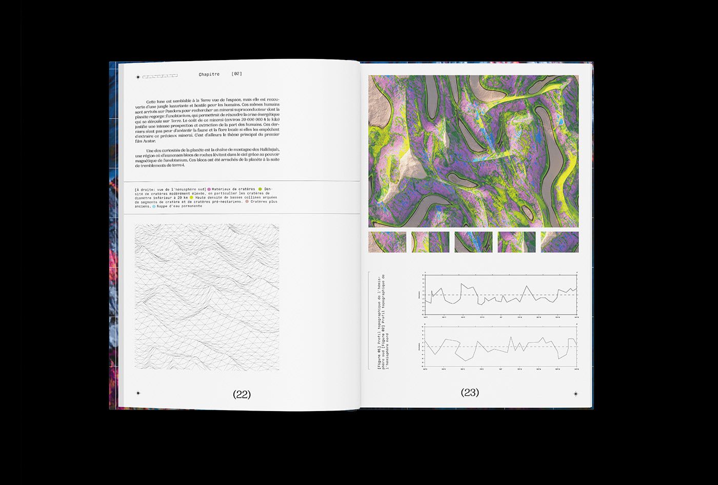 Open printed book: a wireframe terrain and a short French text on the left page; on the right, a purple and green terrain render with thumbnails and two topographic graphs.