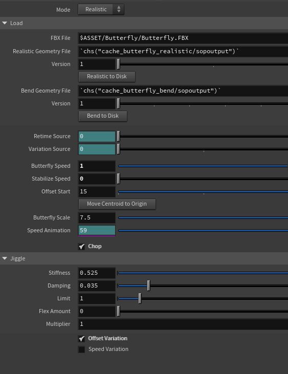 Screenshot of a Houdini tool's parameters for the butterfly: geometry caches, retime and variation sources, speed, scale and offset controls, and jiggle settings.
