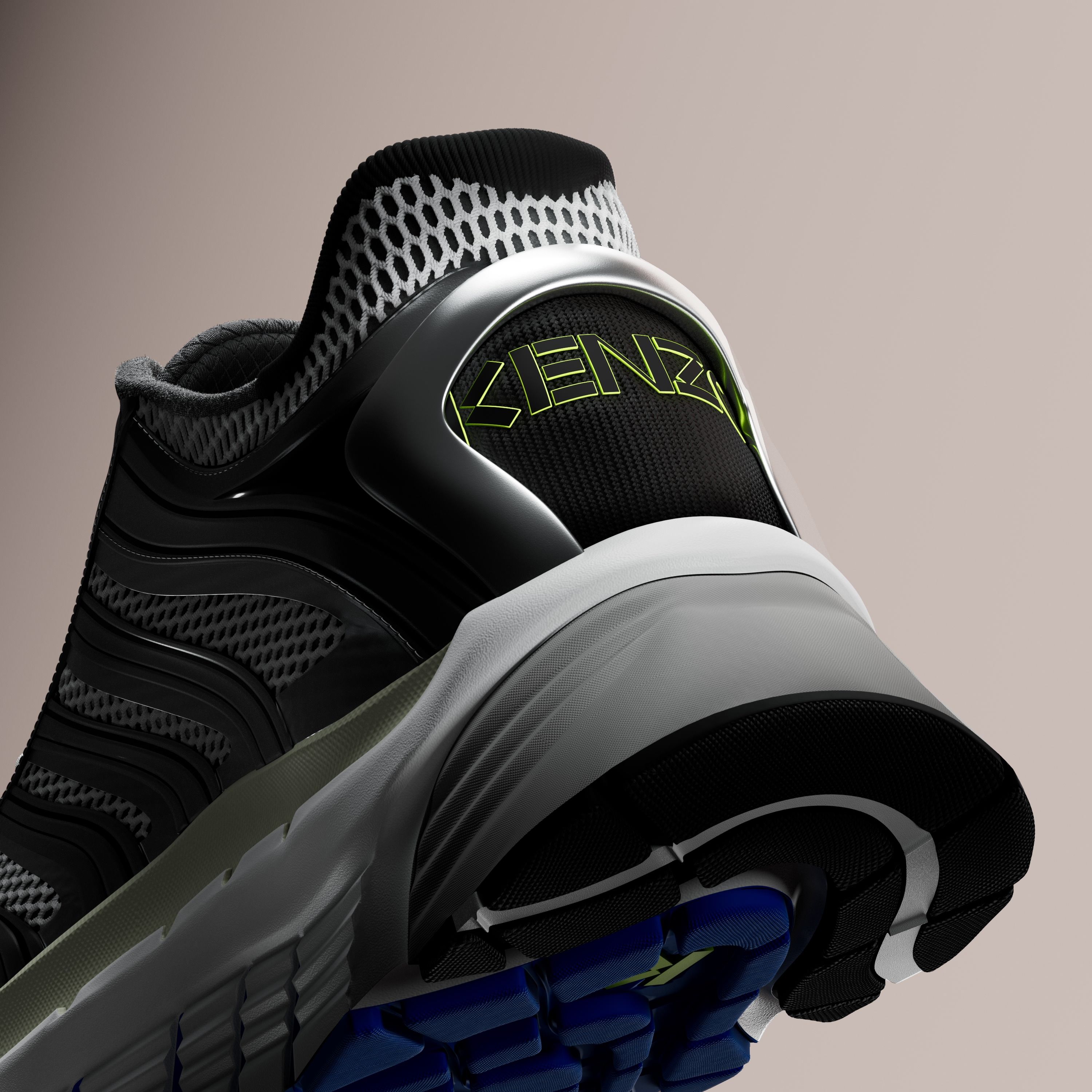 Three-quarter rear view of a black shoe heel with KENZO outlined in neon yellow, a pale midsole and a blue outsole.