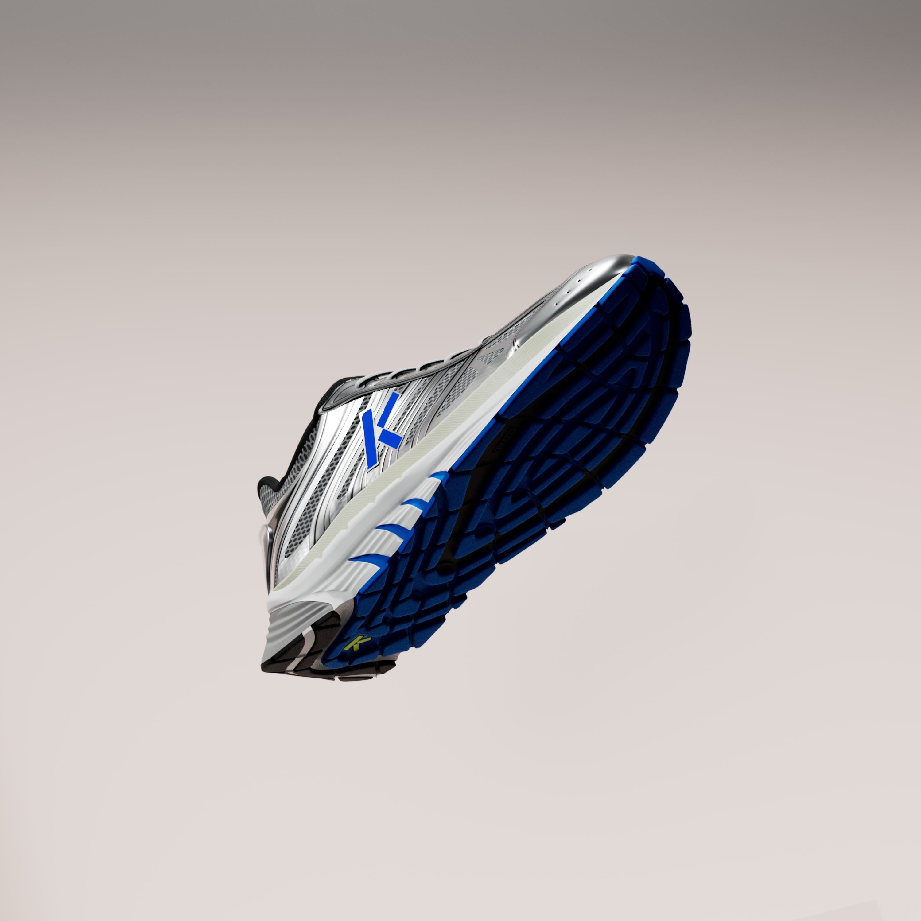 A silver running shoe floating at an angle against a beige background, its blue outsole turned towards the camera.