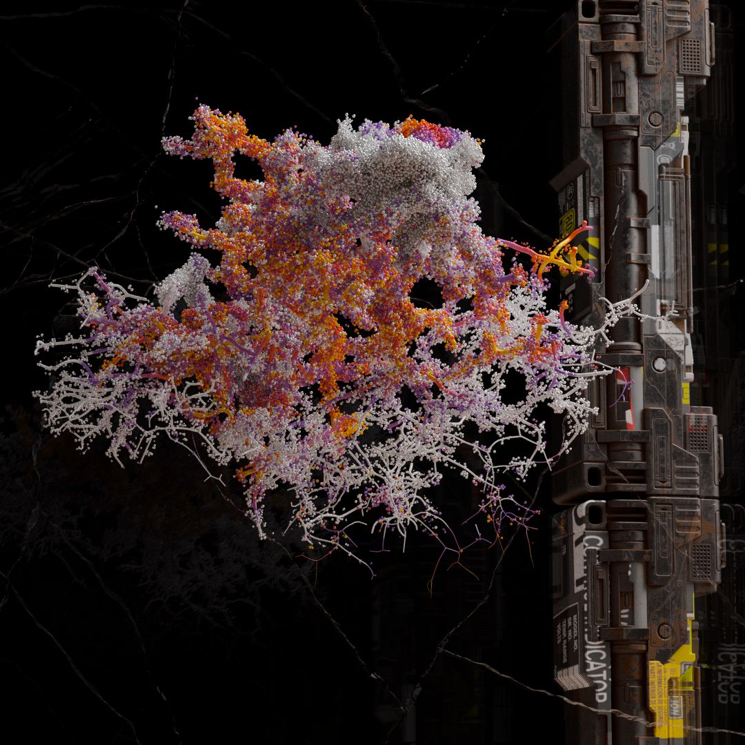 A dense, branching cluster of orange, purple and white beads grows out from a dark industrial column.