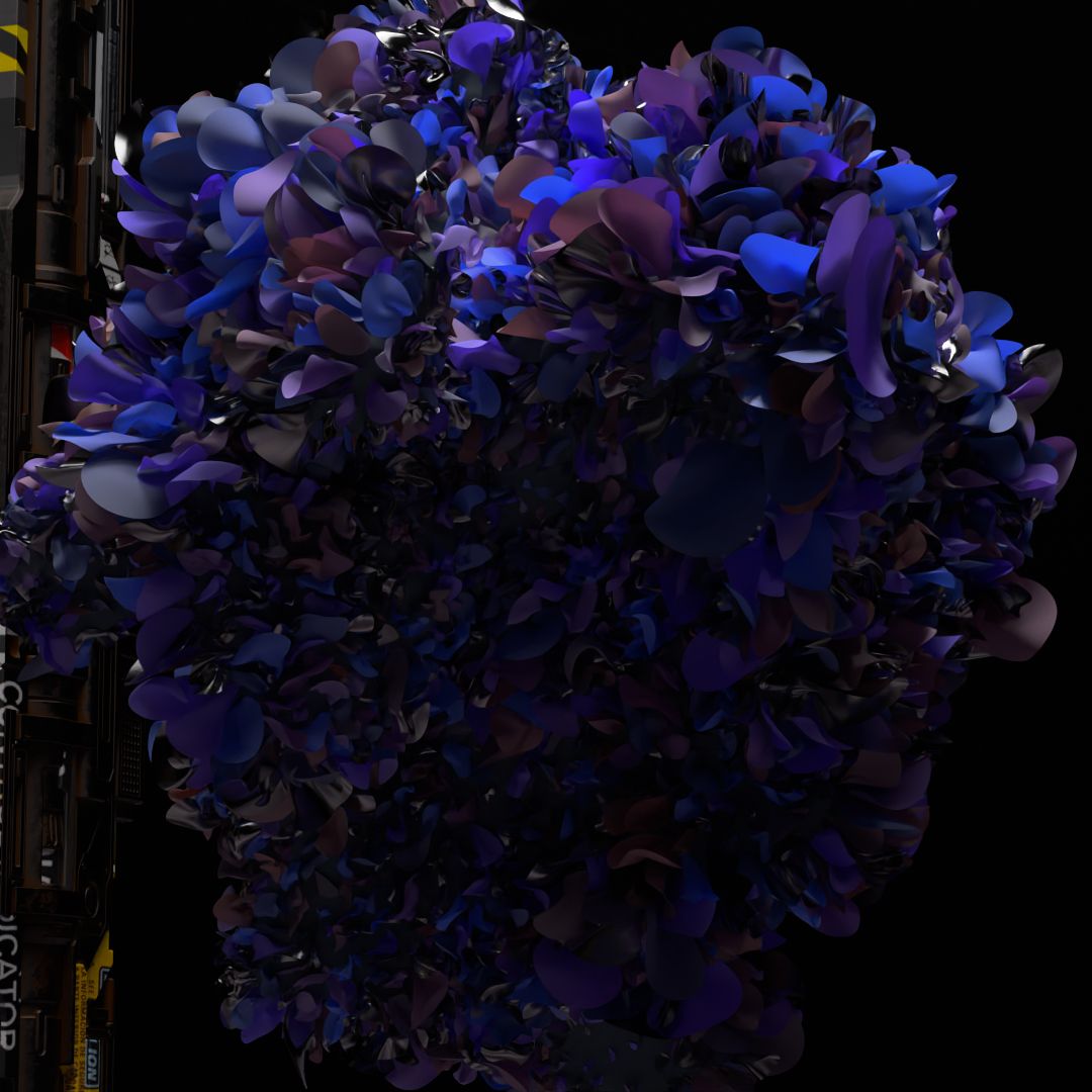A large sphere of glossy blue, violet and black petals blooms against a black background.