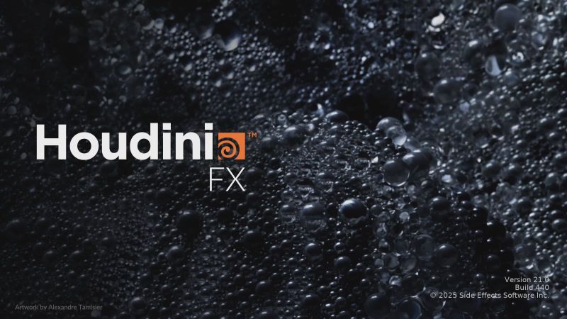 The Houdini FX splash screen: the Houdini logo over the dark field of swirling marbles.