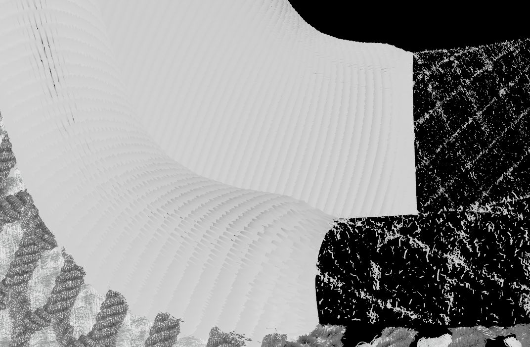 Grey untextured close-up where a smooth white ribbed knit meets a patch of dark, fuzzy fibres.
