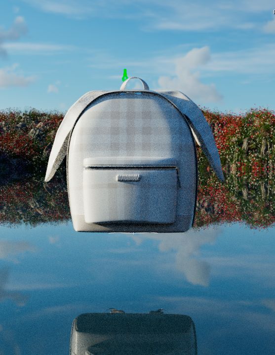 Viewport render of a pale grey checked backpack with two ear-like flaps, floating above a lake under a blue sky.