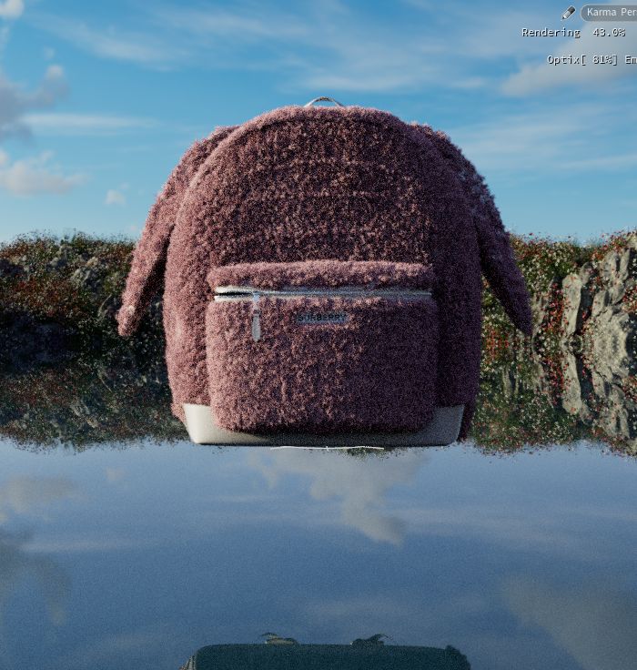 Viewport render of the backpack covered in mauve curly fleece, floating above a lake in front of a rocky shore.