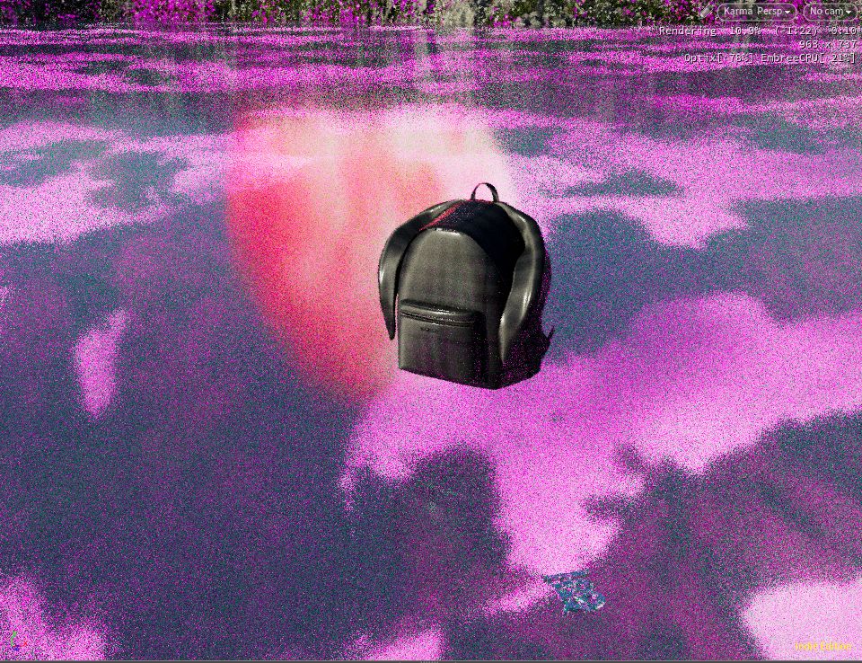 Grainy in-progress render of a dark backpack above a pink-speckled lake reflecting a large pale red disc.