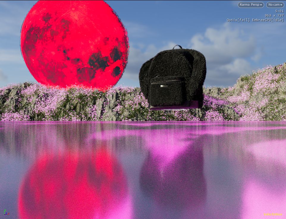 In-progress render of the black fleece backpack beside a large red moon, above a pink lake that mirrors both.