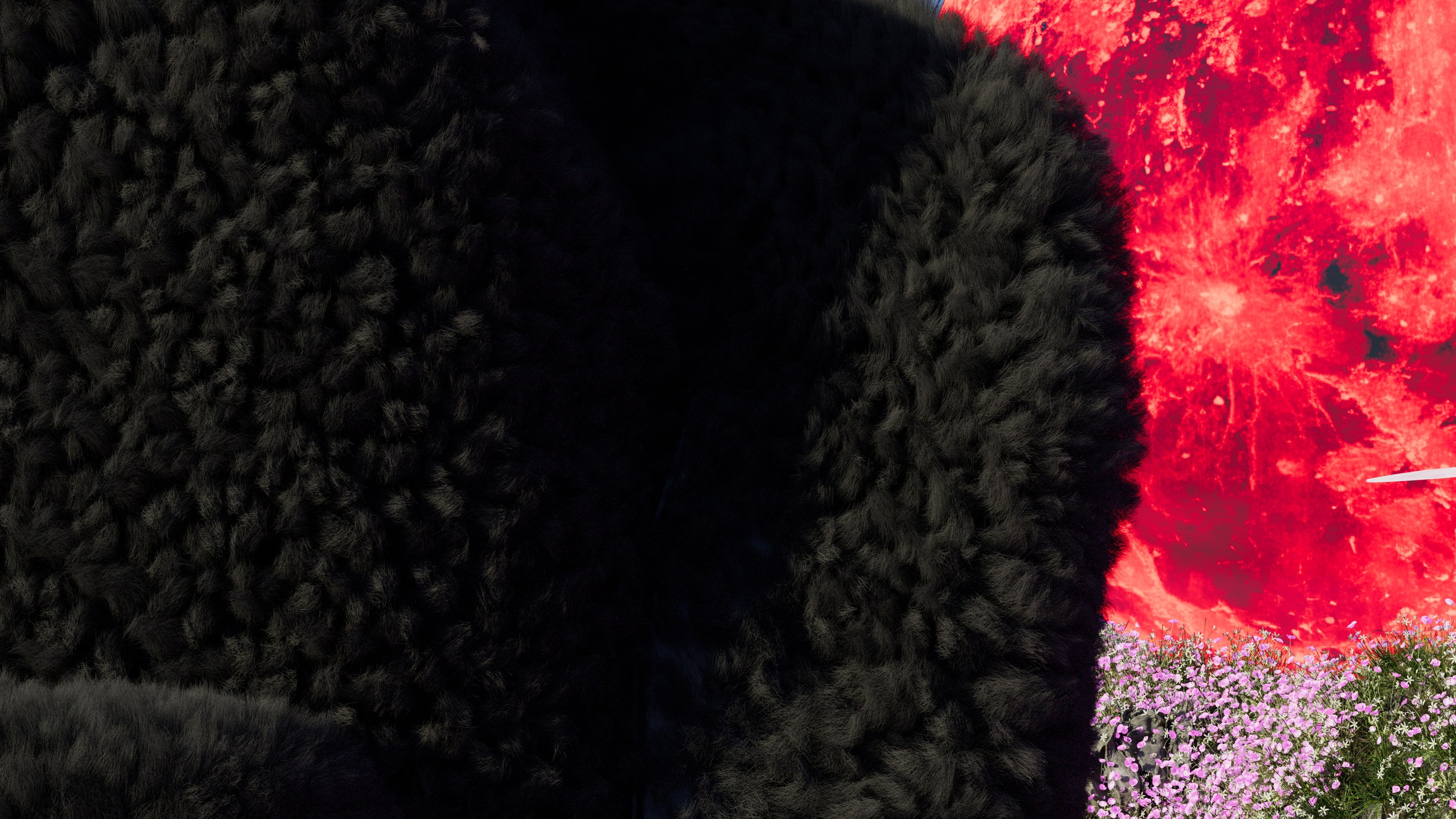 Close-up of the backpack's black curly fleece, with a glowing red moon and pink vegetation behind it.