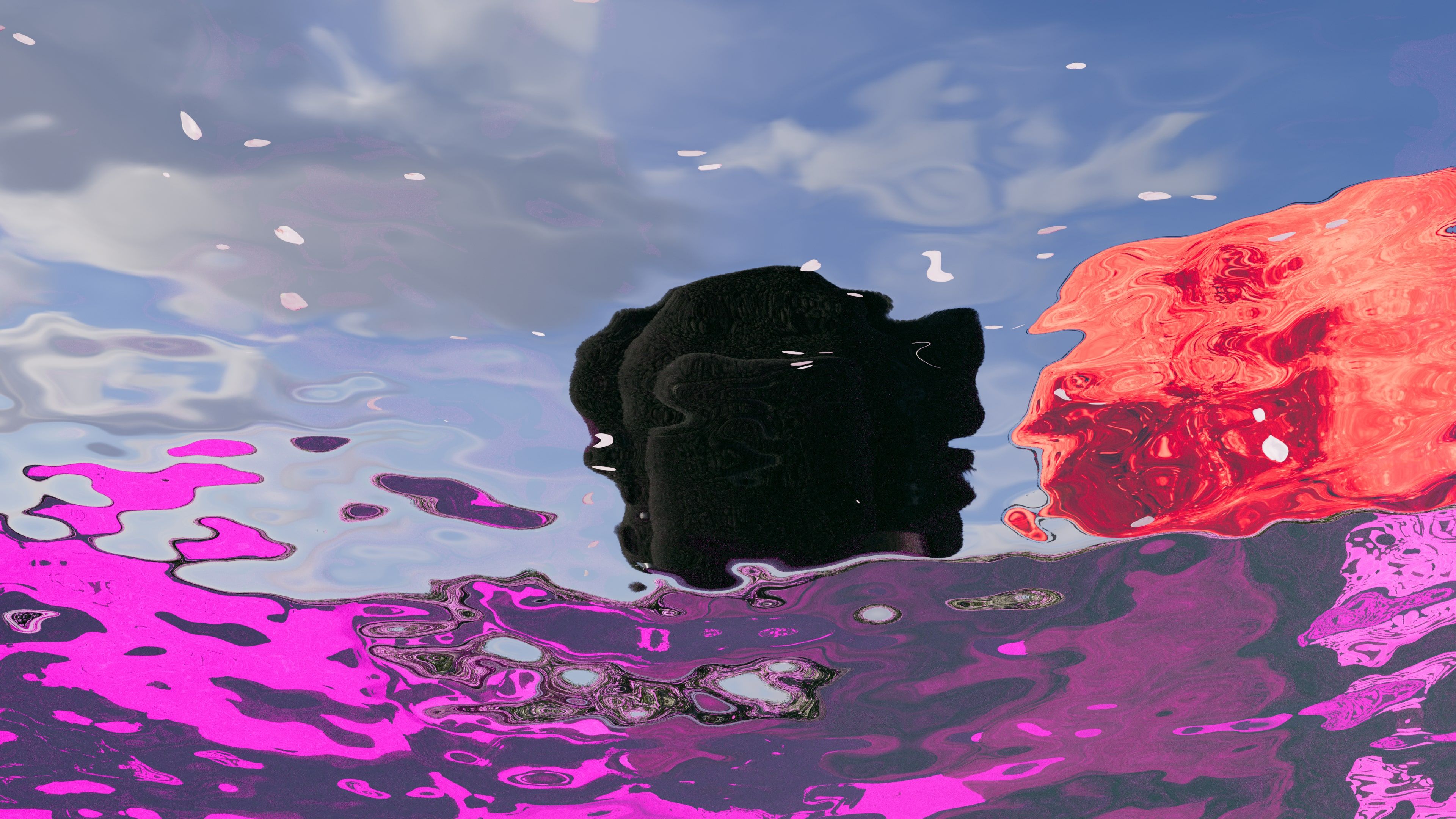 The black backpack seen from just above a rippling surface of magenta and white water, with the red moon on the horizon.
