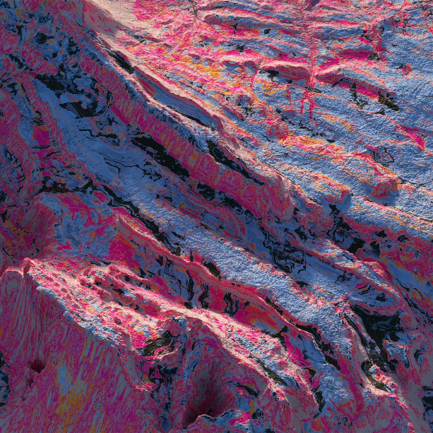 Close aerial render of a ridged mountain slope in pink, orange and pale blue, streaked with dark veins.