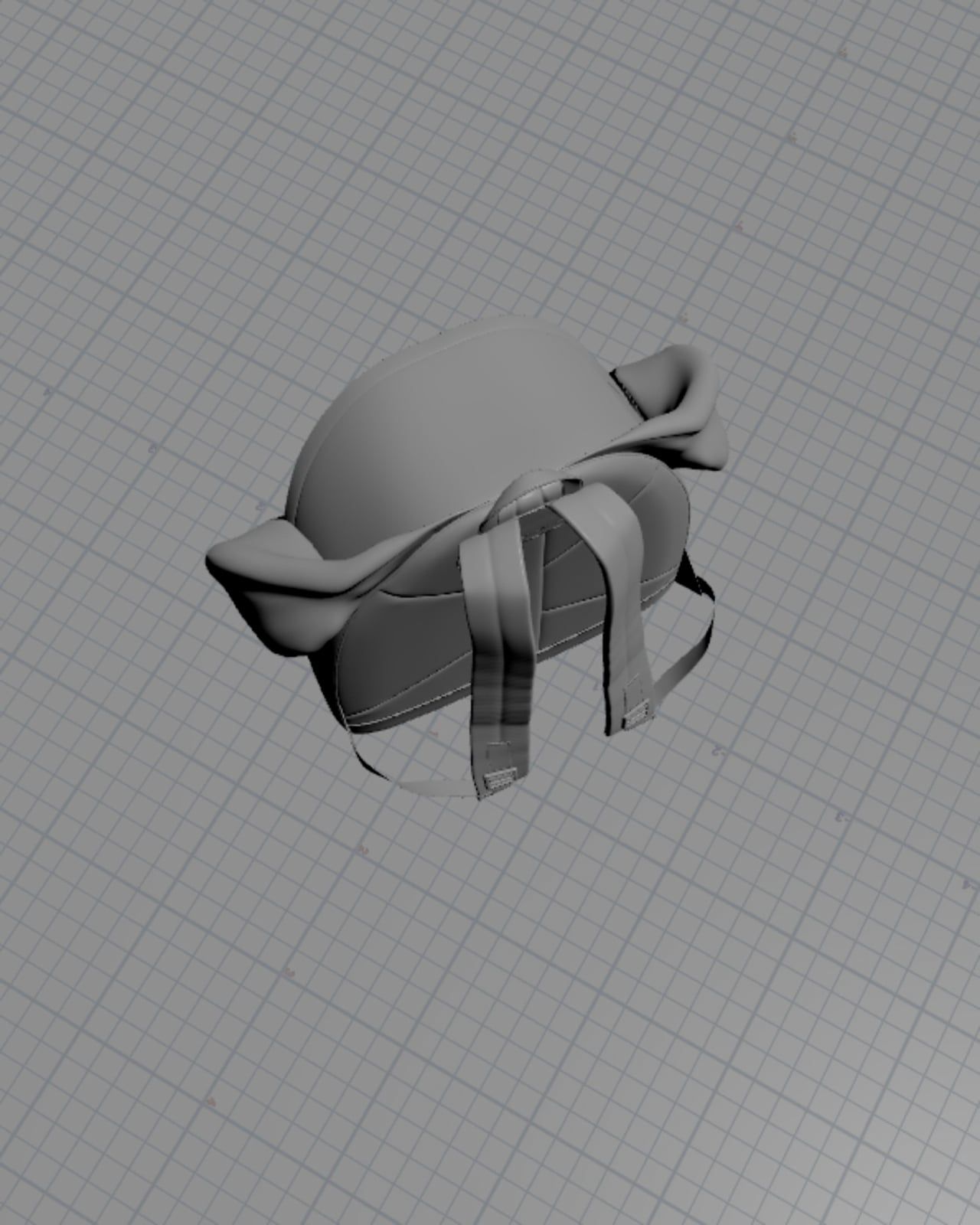 Viewport preview, 15 seconds. Poster frame: an untextured grey backpack with flaps on a grey grid.